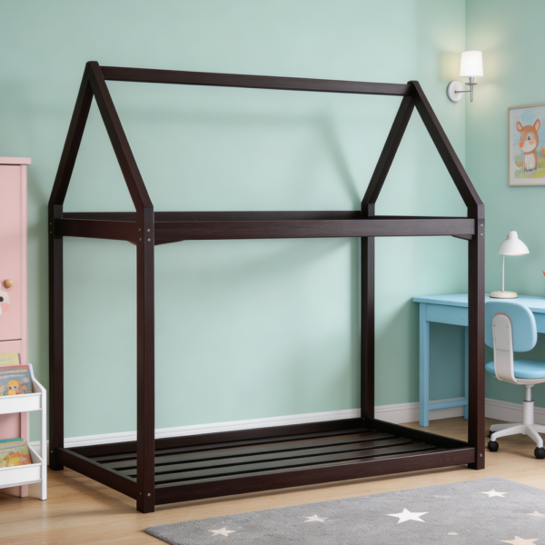 Espresso Twin Montessori Floor Bed with House Canopy